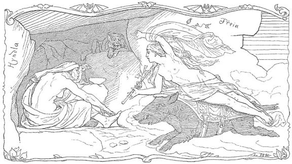 Freyja rides atop Hildisvíni to visit Hyndla (1895) by Lorenz Frølich.